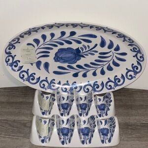 ARTISAN DE LUXE WHITE BLUE ROSE MELAMINE 17” OVAL PLATTER 2 TACO HOLDER SET NWT